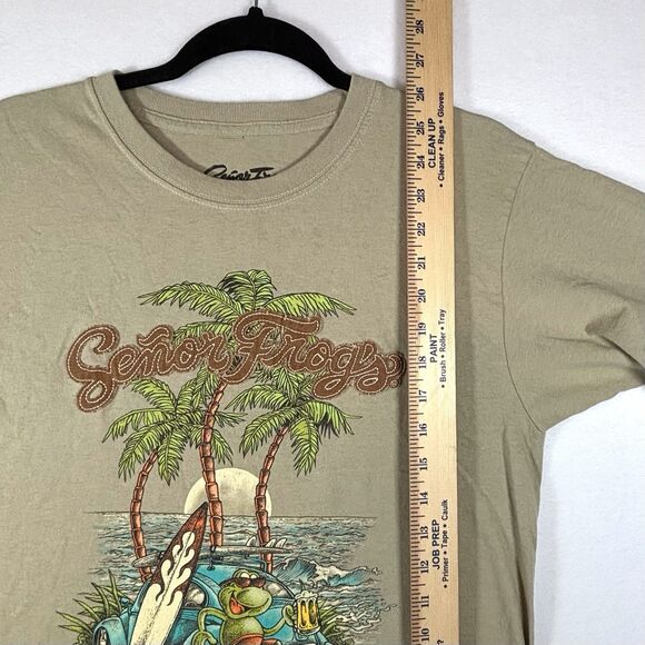 Vintage SENOR FROG’S T Shirt Beige Graphics Surfer Frog Beach Setting - Picture 6 of 7